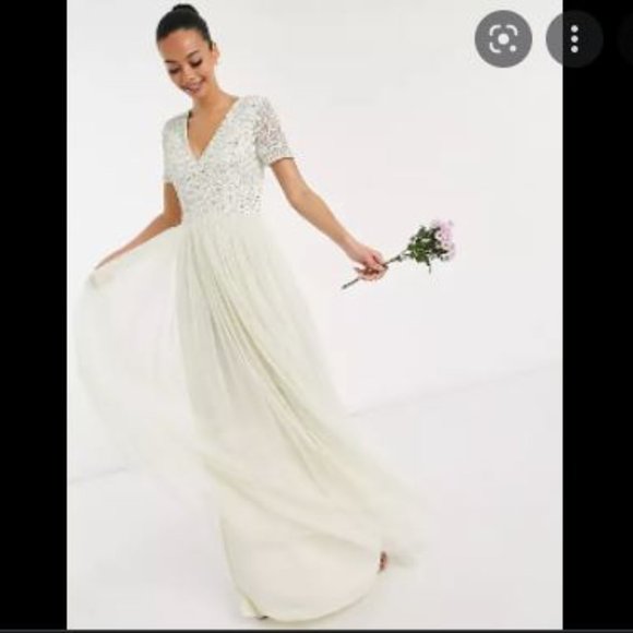 Maya Deluxe Bridal v neck maxi tulle dress UK 8 / US 4  * TALL * ecru NWT - Picture 1 of 12